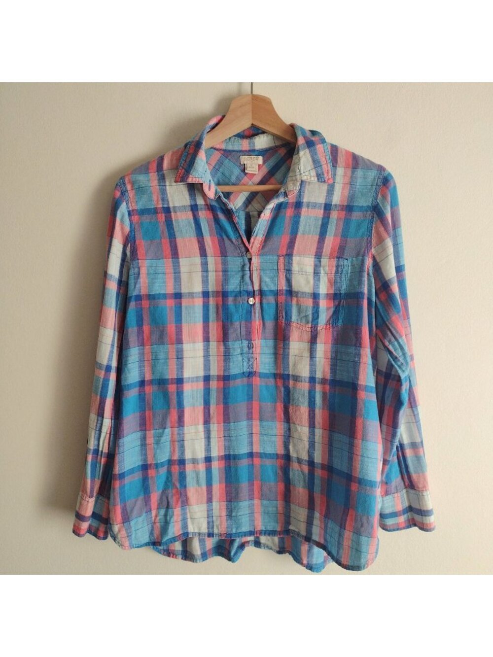 J Crew Womens Plaid Shirt M MP Lightweight Cotton Blue Popover